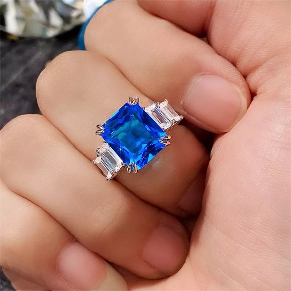 🎀925 Silver Plated Iced Out CZ Blue Crystal Wedding Ring, MARR9449 - Picture 4 of 7